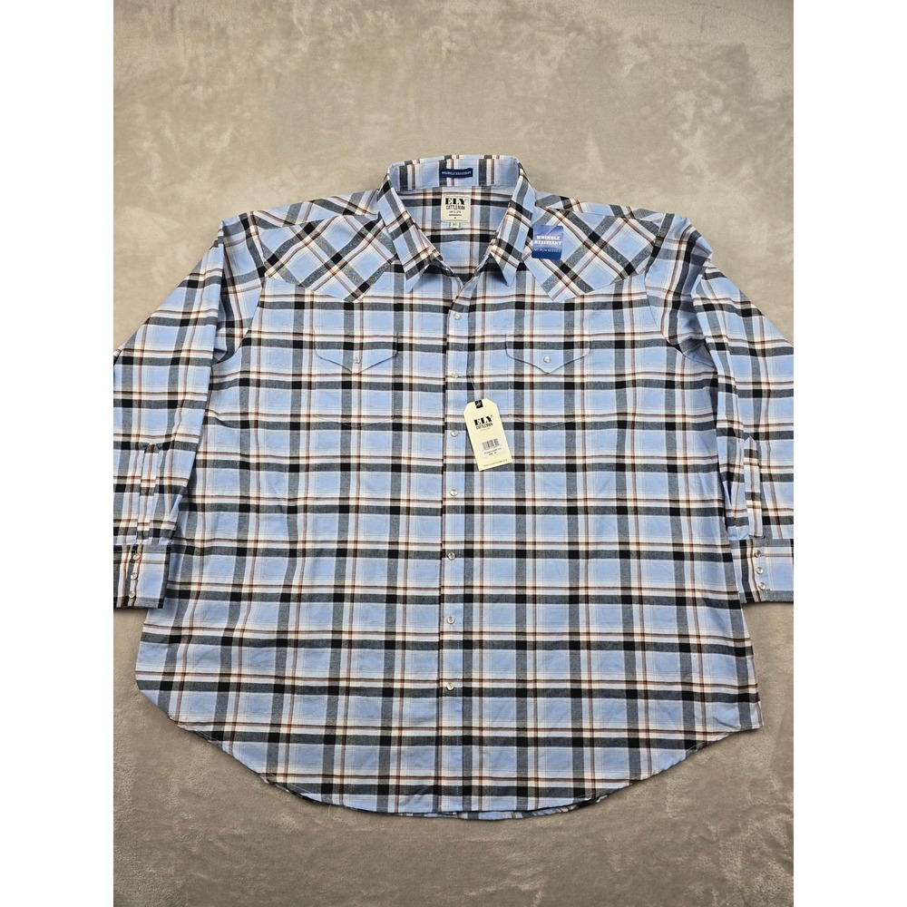 New Ely Cattleman Western Shirt Mens 4X Blue Plaid Pearl Snap Wrinkle Resistant